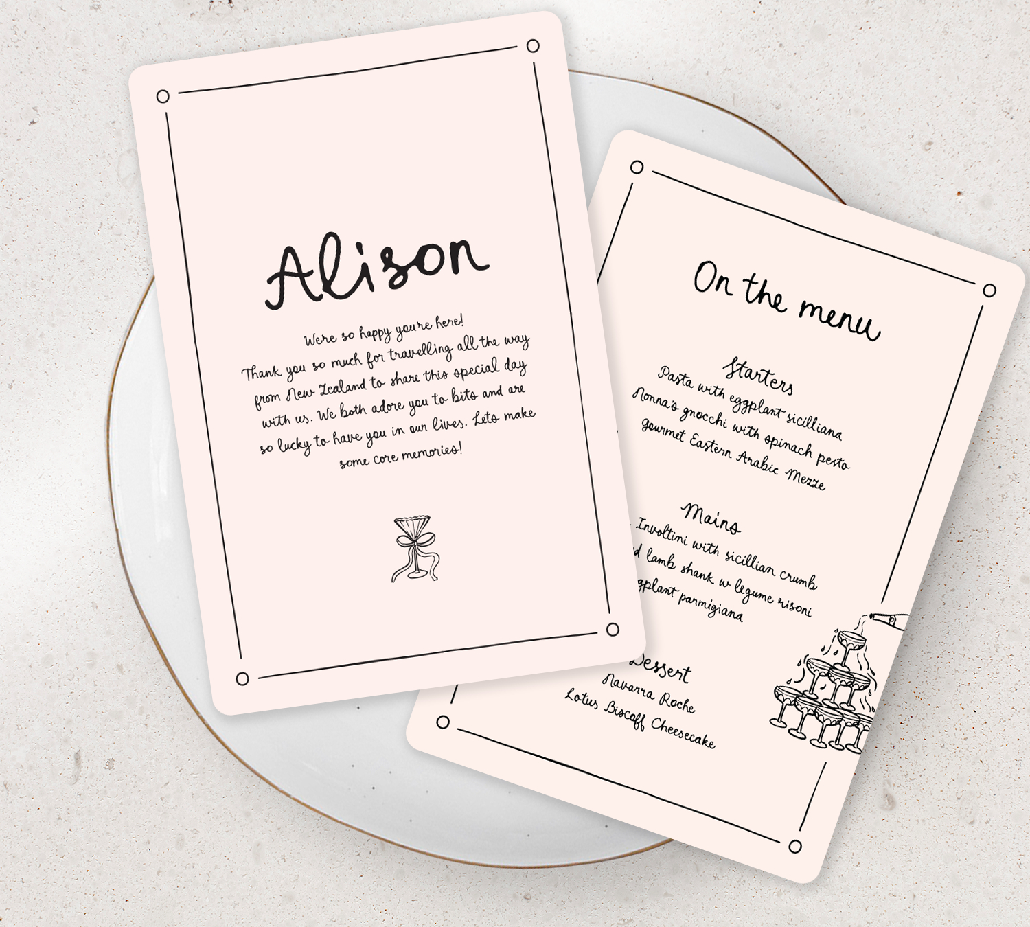 Double sided Guest menu from our limoncello collection - Black ink on Nude card