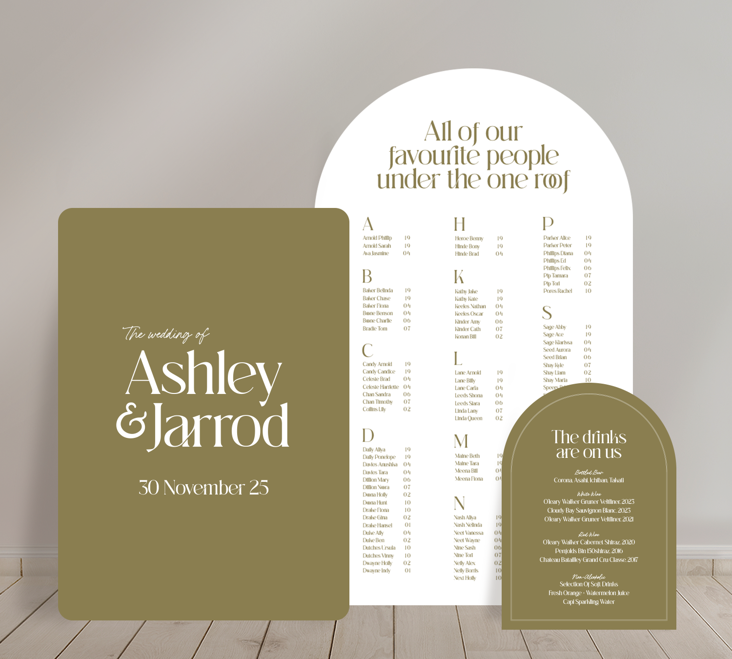 Cost effective Signage Trio from our Love Note collection - Welcome sign, Seating chart & Bar Sign Combo
