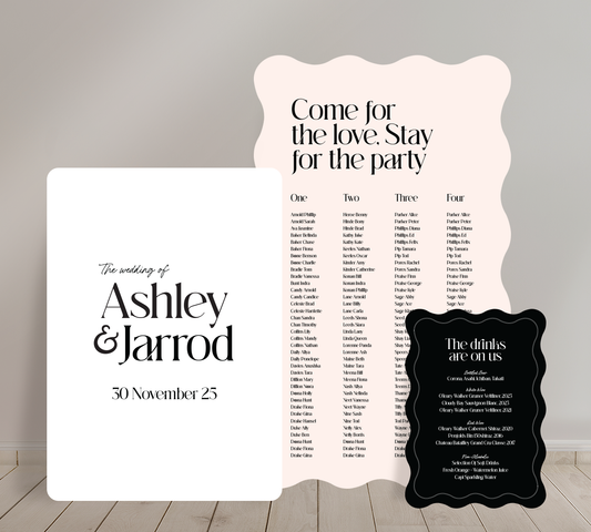 Cost effective Signage Trio from our Love Note collection - Welcome sign, Seating chart & Bar Sign Combo