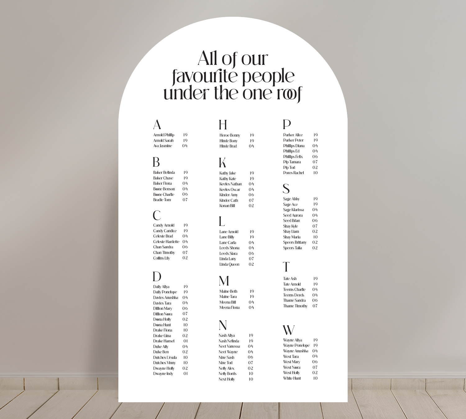 Tall A1 Guest Seating Chart from our Love Note collection