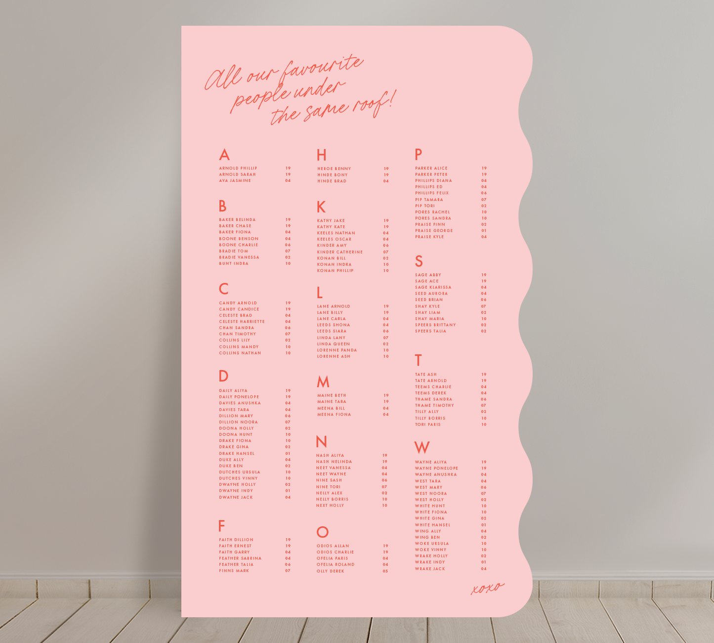 Tall A1 Guest Seating Chart from our Ardour collection